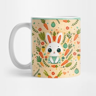 cute rabbit surrounded by flowers, plants and carrots, Scandinavian style Mug